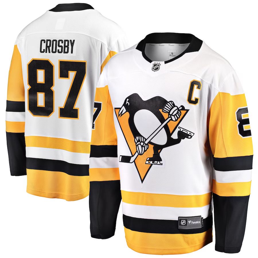 Men Pittsburgh Penguins 87 Sidney Crosby Fanatics Branded White Captain Away Premier Breakaway Player NHL Jersey